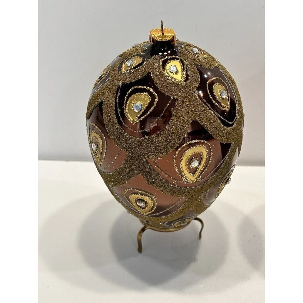 Vintage Hand Blown & Painted Glass Egg Christmas Ornament Diamond Glitter Set 2